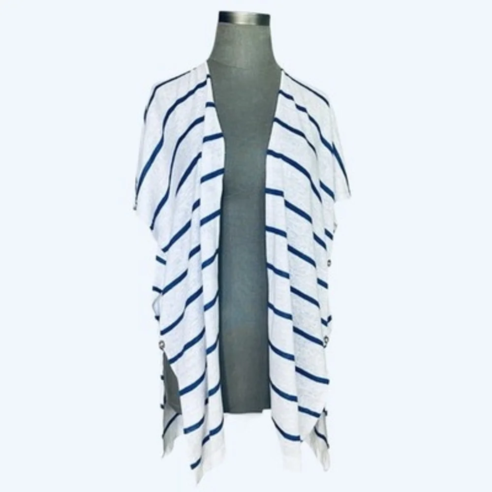 Lilly Pulitzer Linen Striped Open Front Cardigan Women's White Blue Sweater S/M